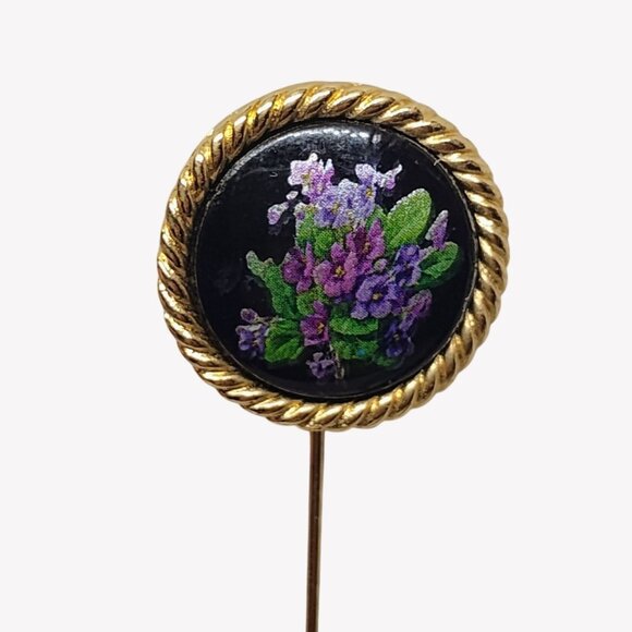 Vtg Crown Trifari Hand Painted Stick Hat Lapel Pin Bouquet of Purple Violets - Picture 1 of 4